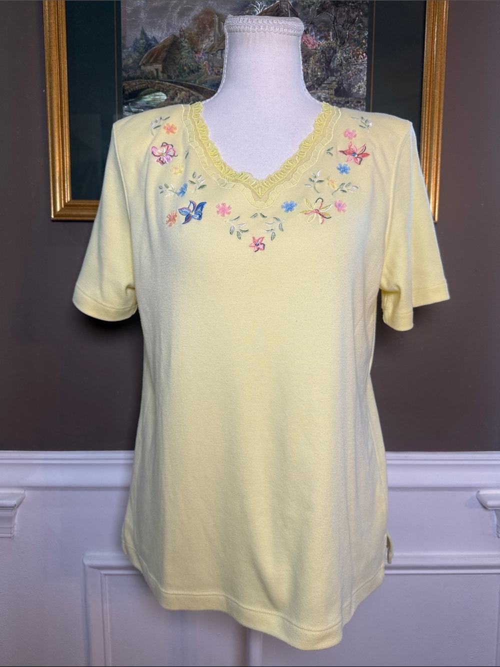 Vintage Koret Francisca Butter Yellow Embroidered Lace Tee Cottagecore S